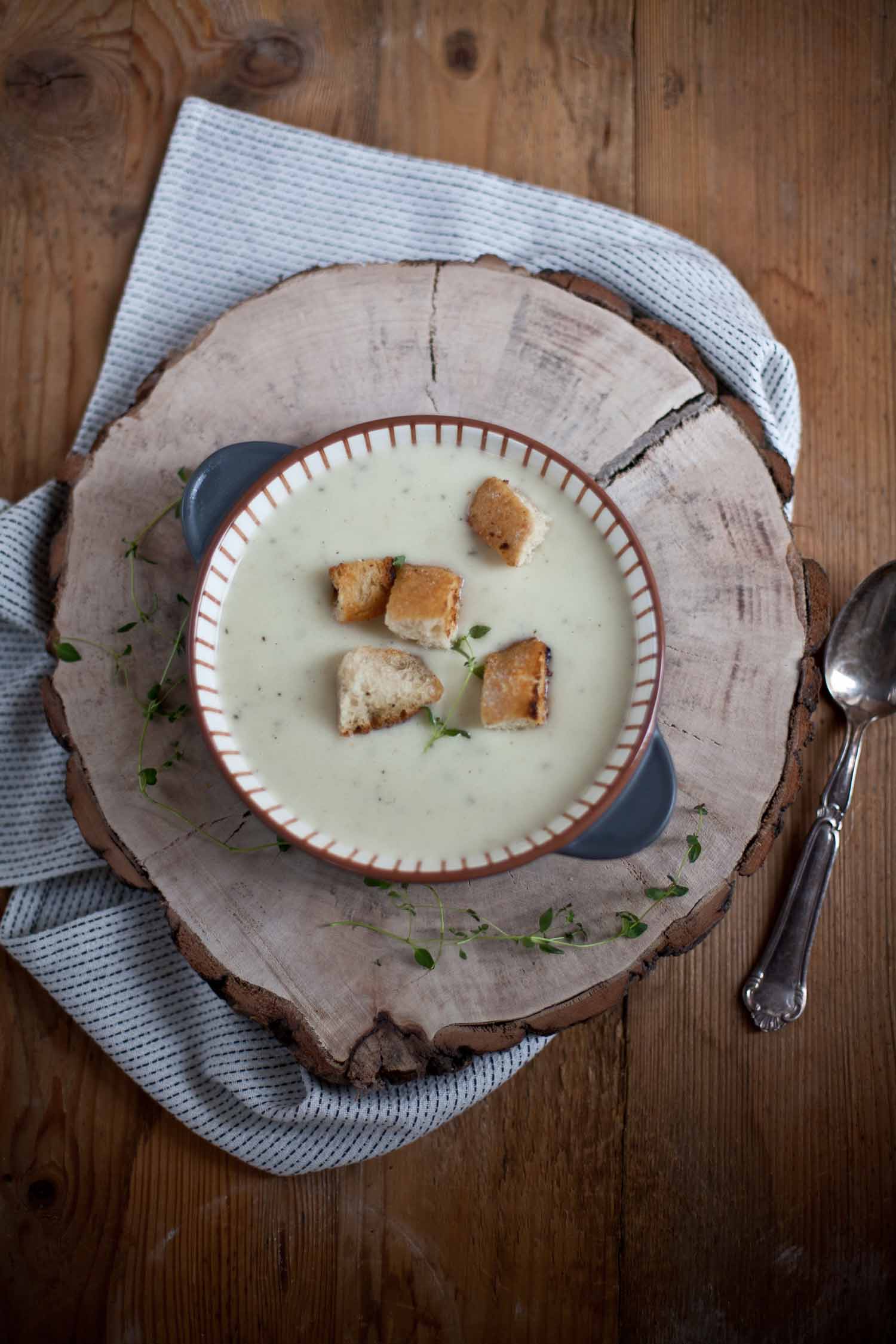 Sellerie-Creme-Suppe mit knusprigen Brotwürfeln saisonal kochen Winter Rezept